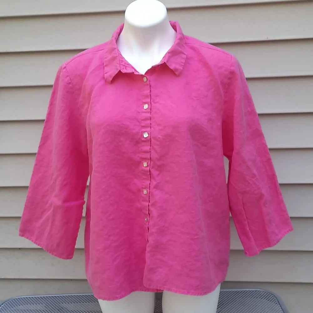Habitat Pink 100%Linen Button Down Shirt 3/4 Sleeve Size Large